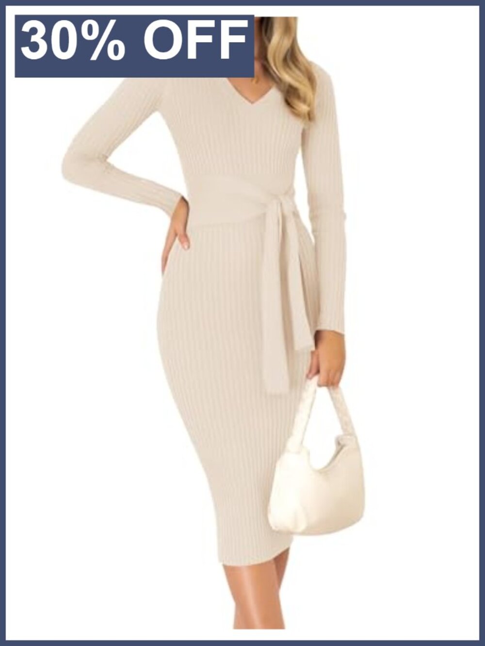 ZESICA Ribbed Knit Bodycon Midi Sweater Dress V-Neck Long Sleeve